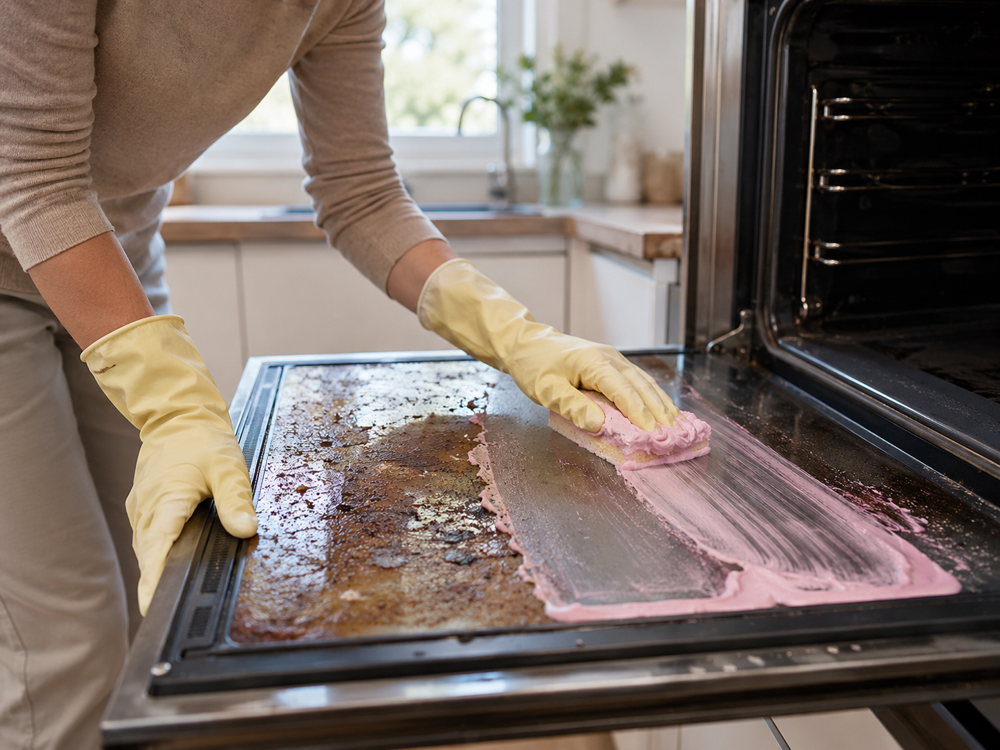 Person applying pink cleaning paste to oven grime with a cloth