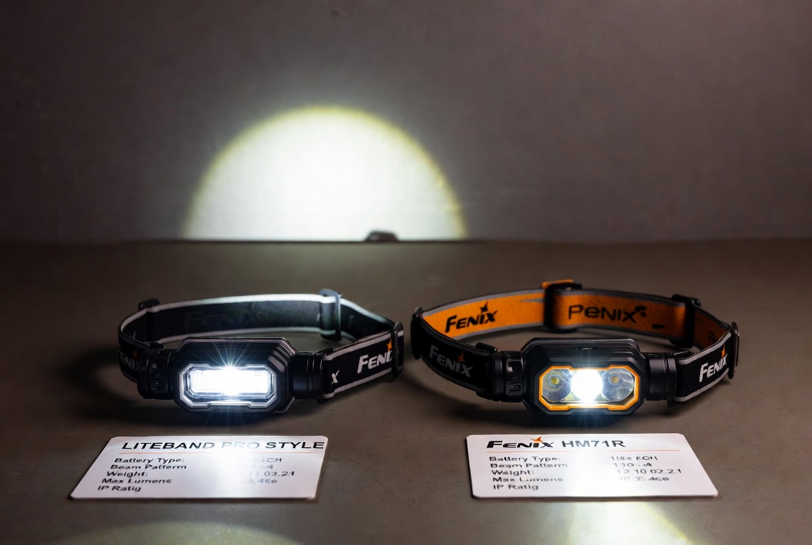 Two headlamps side-by-side with spec list cards