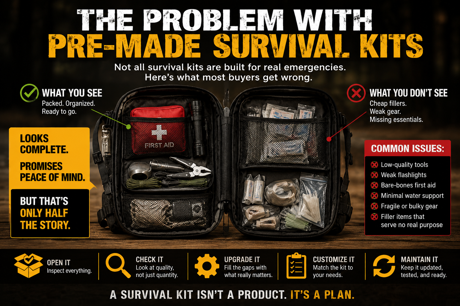 Infographic showing an open pre-made survival kit with organized gear on one side and cheap filler items on the other, highlighting common problems like weak tools, poor first aid, and missing essentials.