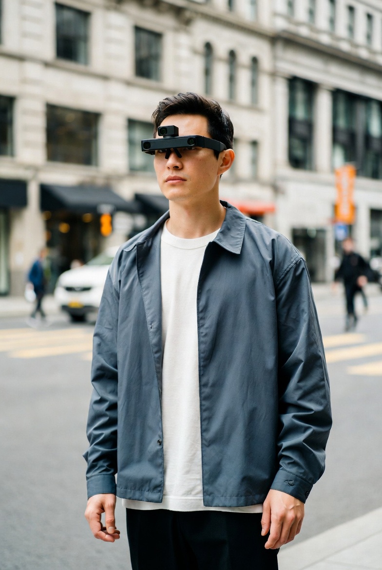 Person wearing smart glasses recording video outdoors
