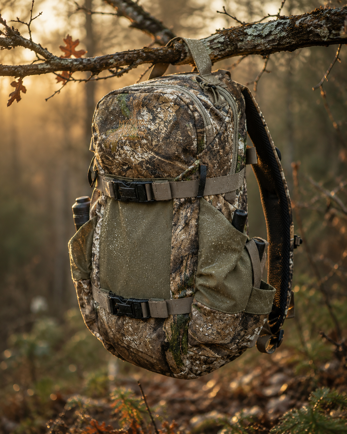Realtree APX Crossfire day pack hanging from a tree branch at dawn