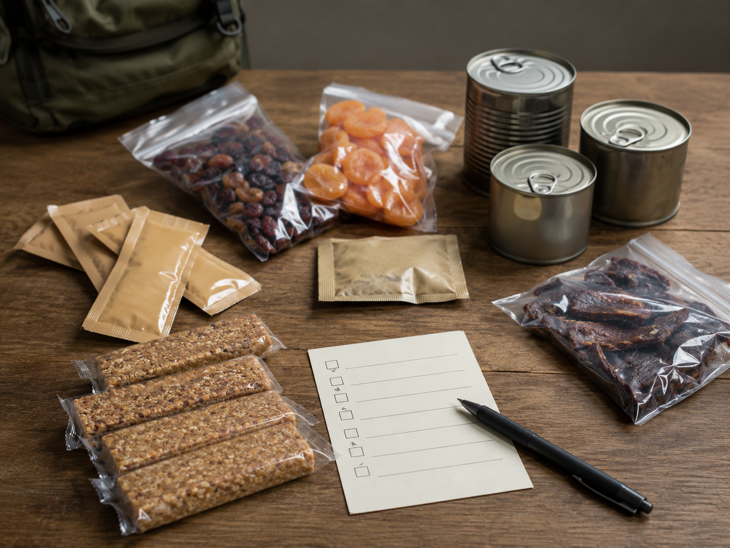 Assortment of energy bars, nut butter packets, canned goods, and dried fruit on a wooden table