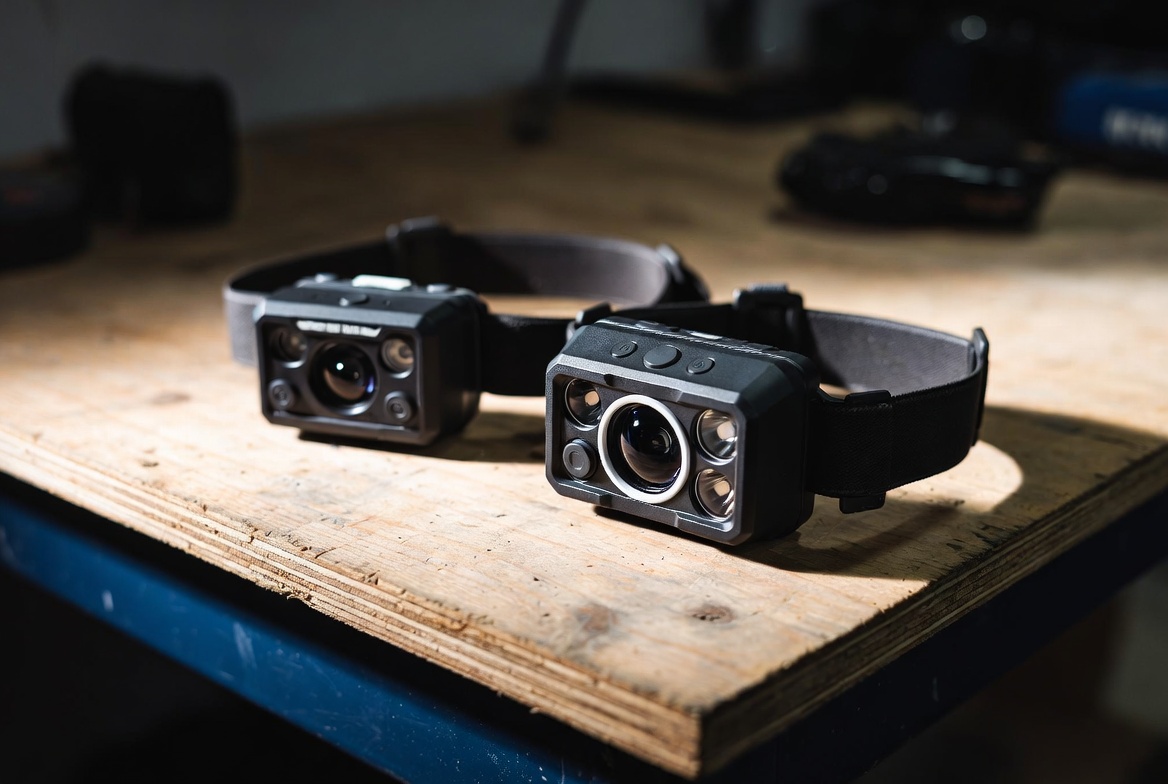 Two headlamps side by side on a workshop table showing wear and small scratches