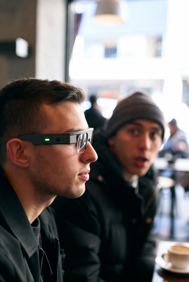Person wearing smart glasses while another person looks uncomfortable