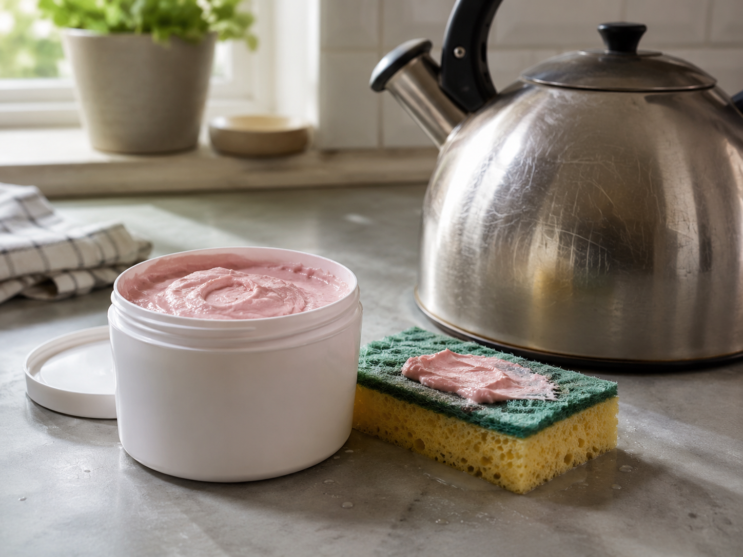 Hand holding an opened tub of Pink Stuff with residue on edge