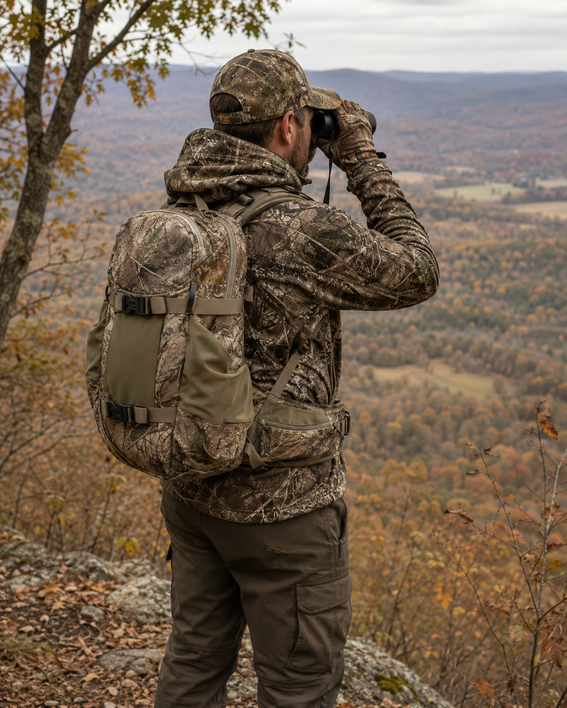 Hunter wearing a Realtree APX patterned day pack glassing from a ridge