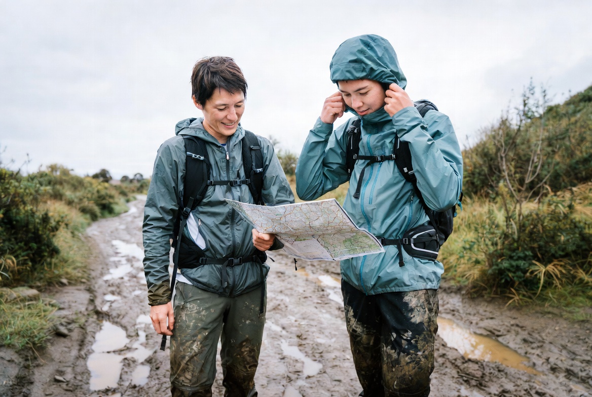 Two hikers on a muddy trail—one in a mid-weight rain jacket using pit zips, the other in a lightweight shell adjusting a helmet-friendly hood—pausing to check a map.