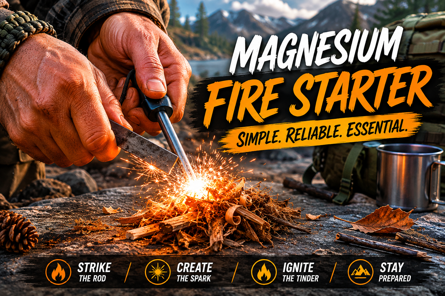 A person strikes a magnesium fire rod over a small tinder bundle on a rock, sending sparks into dry fibers at an outdoor campsite.