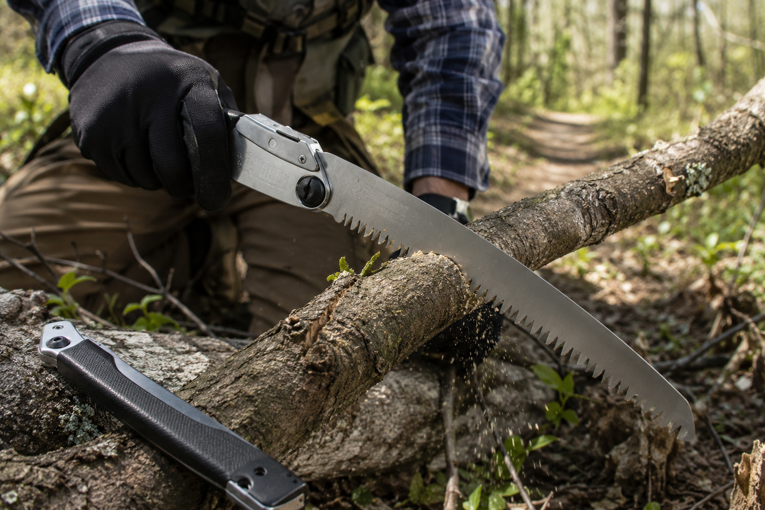 Silky BIGBOY 2000 folding saw cutting a medium tree limb on a trail