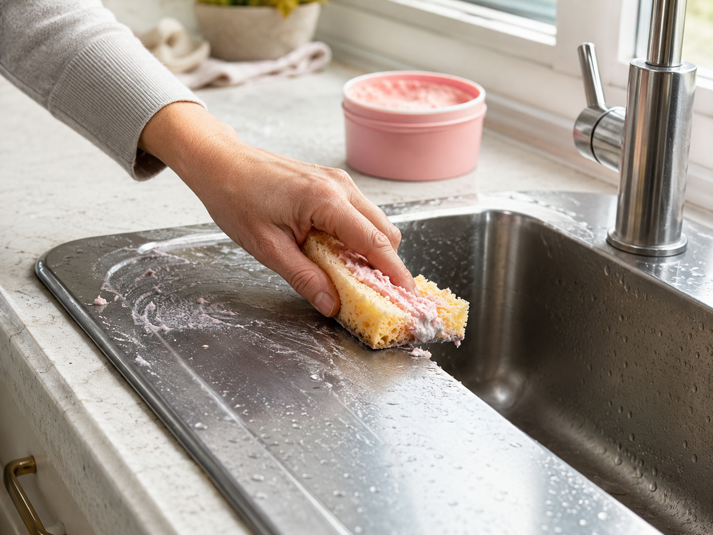 Hand using a pink paste cleaner on a stainless steel sink with a sponge