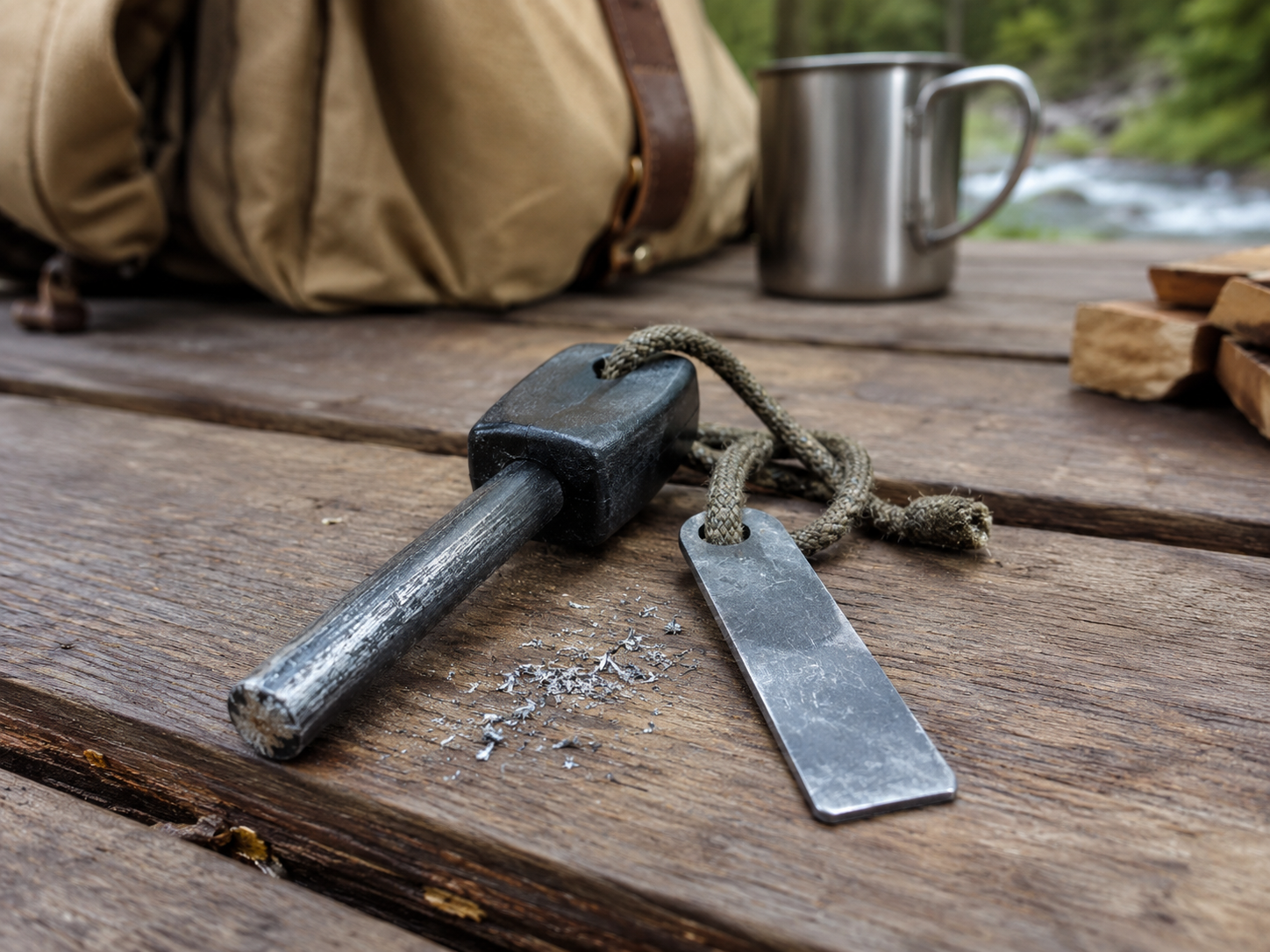 Hand holding a magnesium fire rod and metal striker with worn handle on a camp table